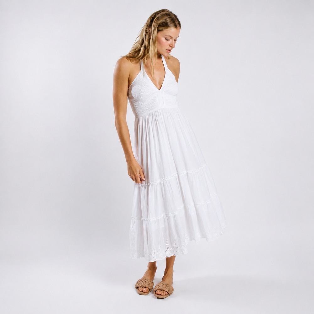 NEW Raga Sashi White Smocked Halter Tiered Eyelet Midi Dress XS
